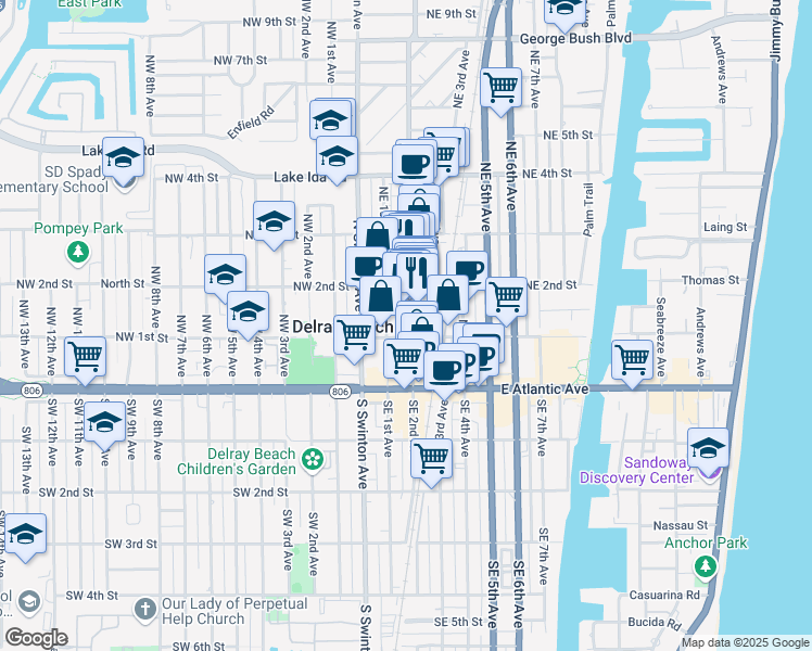 map of restaurants, bars, coffee shops, grocery stores, and more near 104 Northeast 2nd Avenue in Delray Beach