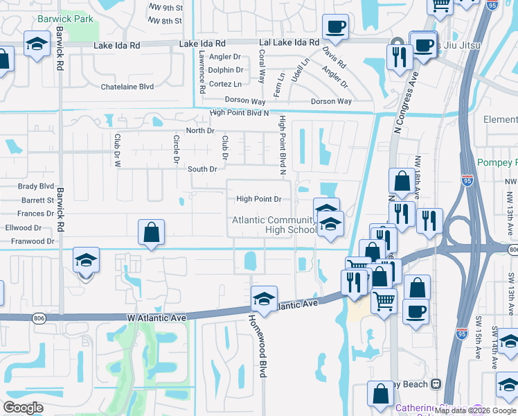 map of restaurants, bars, coffee shops, grocery stores, and more near 655 High Point Drive in Delray Beach