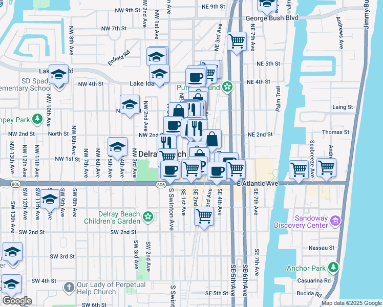 map of restaurants, bars, coffee shops, grocery stores, and more near 104 Northeast 2nd Avenue in Delray Beach