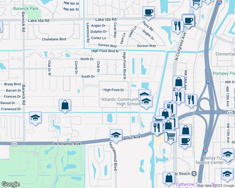 map of restaurants, bars, coffee shops, grocery stores, and more near 655 High Point Drive in Delray Beach