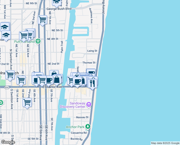 map of restaurants, bars, coffee shops, grocery stores, and more near 120 North Ocean Boulevard in Delray Beach