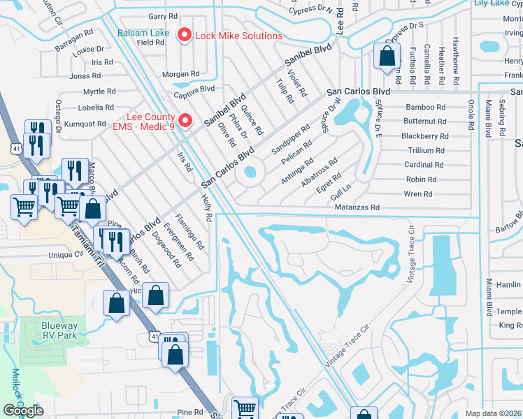 map of restaurants, bars, coffee shops, grocery stores, and more near 8017 Anhinga Road in Fort Myers