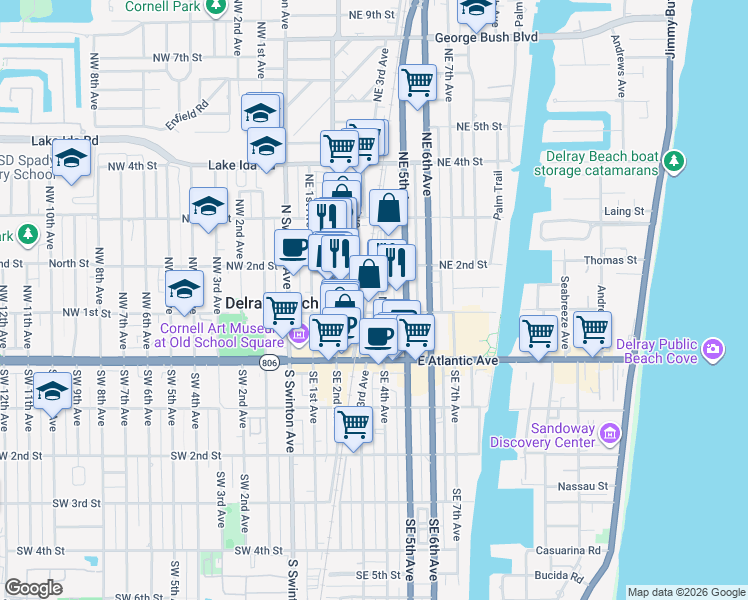 map of restaurants, bars, coffee shops, grocery stores, and more near 160 Northeast 3rd Avenue in Boynton Beach