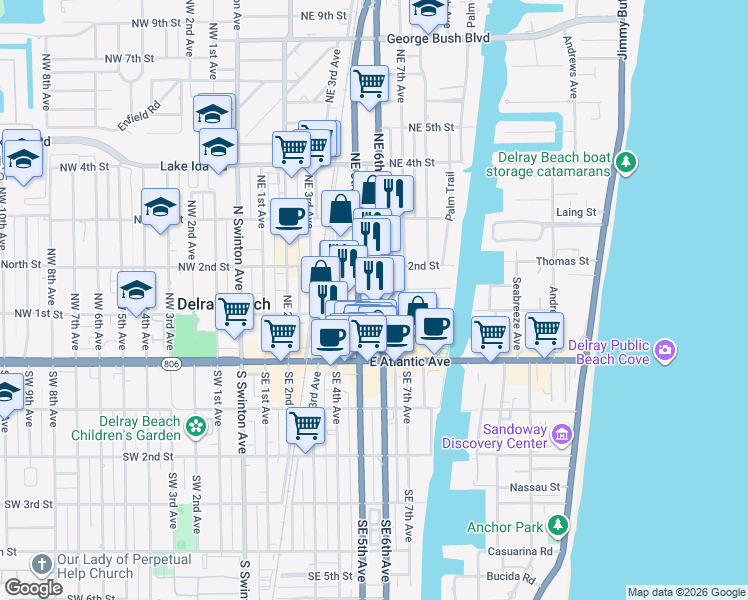 map of restaurants, bars, coffee shops, grocery stores, and more near 150 Northeast 6th Avenue in Delray Beach