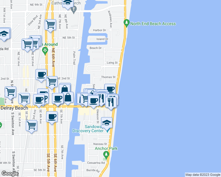 map of restaurants, bars, coffee shops, grocery stores, and more near 122 Andrews Avenue in Delray Beach