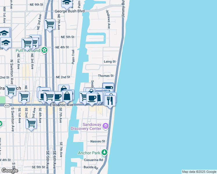 map of restaurants, bars, coffee shops, grocery stores, and more near 120 North Ocean Boulevard in Delray Beach