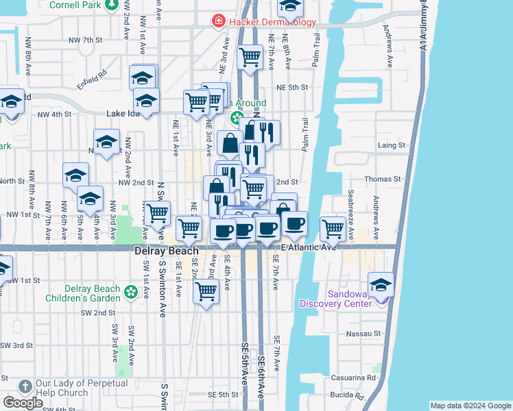 map of restaurants, bars, coffee shops, grocery stores, and more near 145 North Federal Highway in Delray Beach