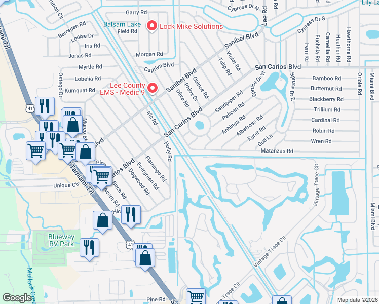map of restaurants, bars, coffee shops, grocery stores, and more near 18804 Matanzas Road in Fort Myers