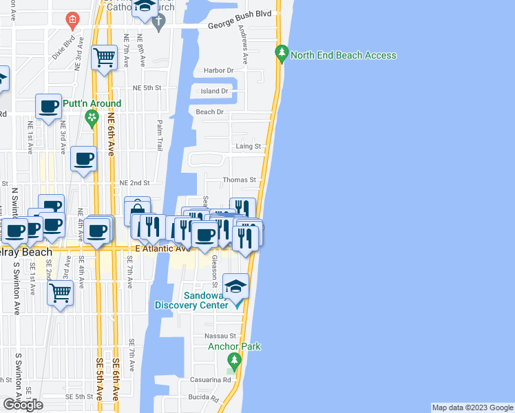 map of restaurants, bars, coffee shops, grocery stores, and more near 120 North Ocean Boulevard in Delray Beach