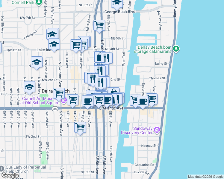 map of restaurants, bars, coffee shops, grocery stores, and more near 717 Northeast 1st Court in Delray Beach