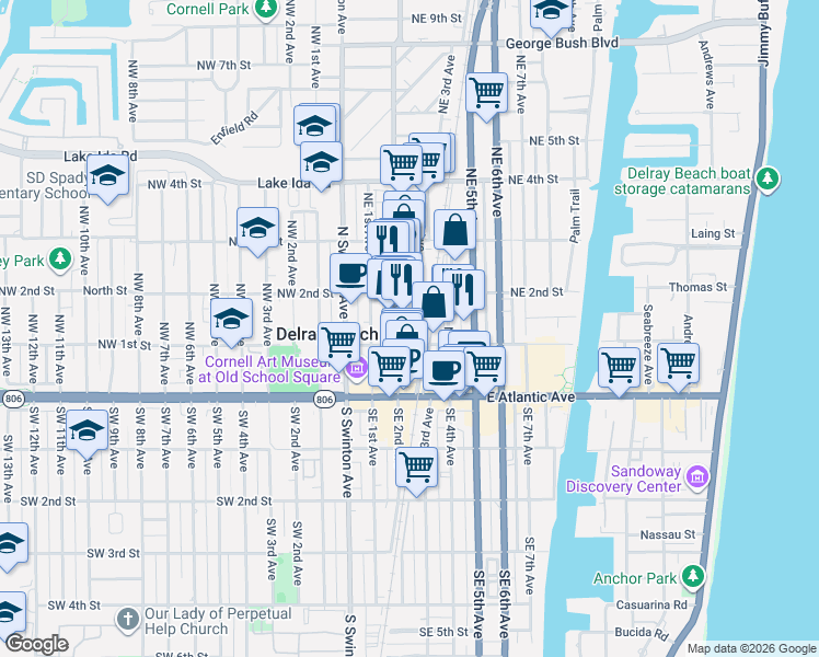 map of restaurants, bars, coffee shops, grocery stores, and more near 160 Northeast 3rd Avenue in Boynton Beach