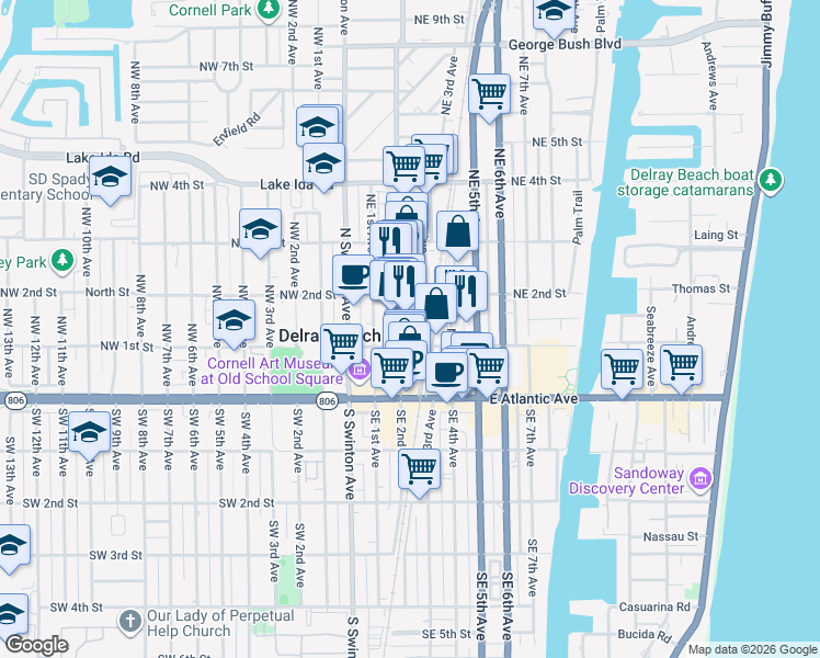 map of restaurants, bars, coffee shops, grocery stores, and more near 160 Northeast 3rd Avenue in Boynton Beach