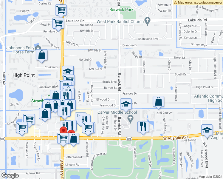 map of restaurants, bars, coffee shops, grocery stores, and more near 4570 Barrett Street in Delray Beach