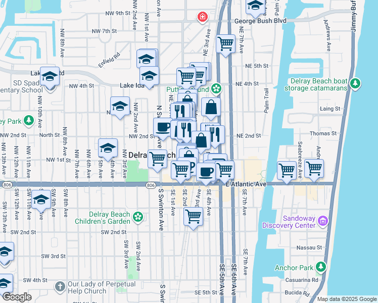 map of restaurants, bars, coffee shops, grocery stores, and more near 160 Northeast 3rd Avenue in Boynton Beach