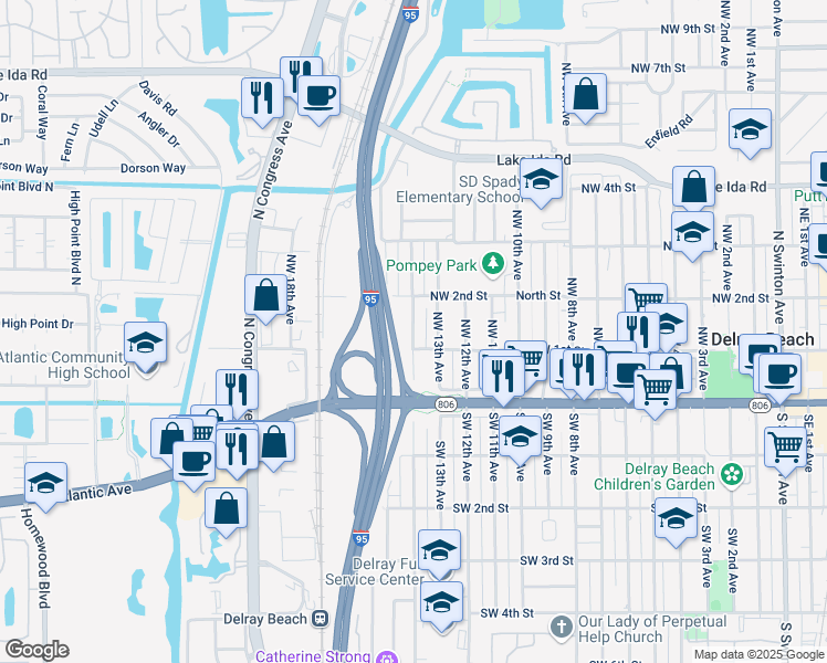 map of restaurants, bars, coffee shops, grocery stores, and more near 1414 Northwest 2nd Street in Delray Beach