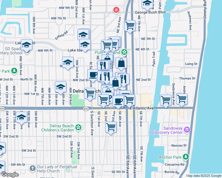 map of restaurants, bars, coffee shops, grocery stores, and more near 160 Northeast 3rd Avenue in Boynton Beach