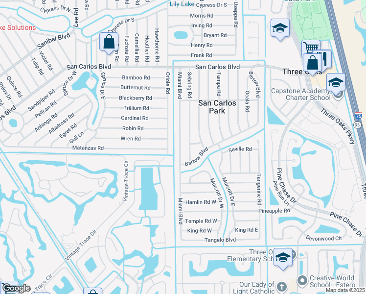 map of restaurants, bars, coffee shops, grocery stores, and more near 18680 Sebring Road in Fort Myers