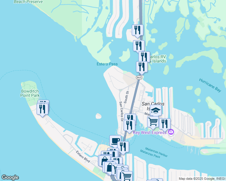 map of restaurants, bars, coffee shops, grocery stores, and more near 948 San Carlos Drive in Fort Myers Beach
