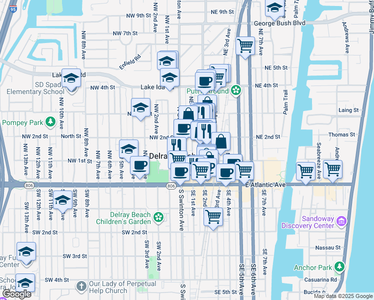 map of restaurants, bars, coffee shops, grocery stores, and more near 125 North Swinton Avenue in Delray Beach