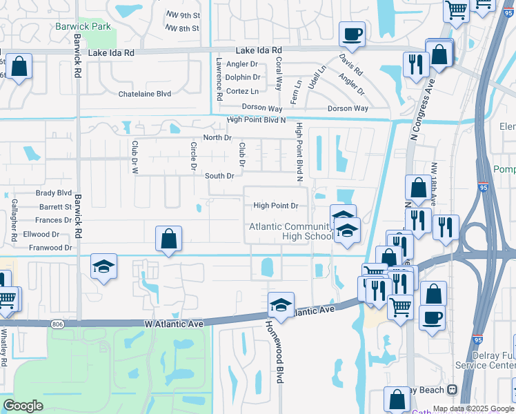 map of restaurants, bars, coffee shops, grocery stores, and more near 615 High Point Drive in Delray Beach