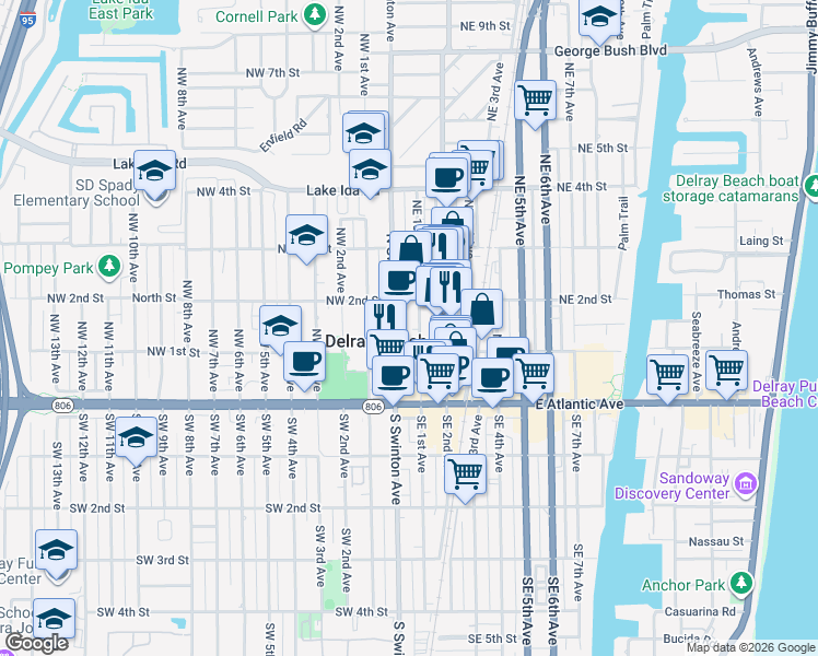 map of restaurants, bars, coffee shops, grocery stores, and more near 125 North Swinton Avenue in Delray Beach