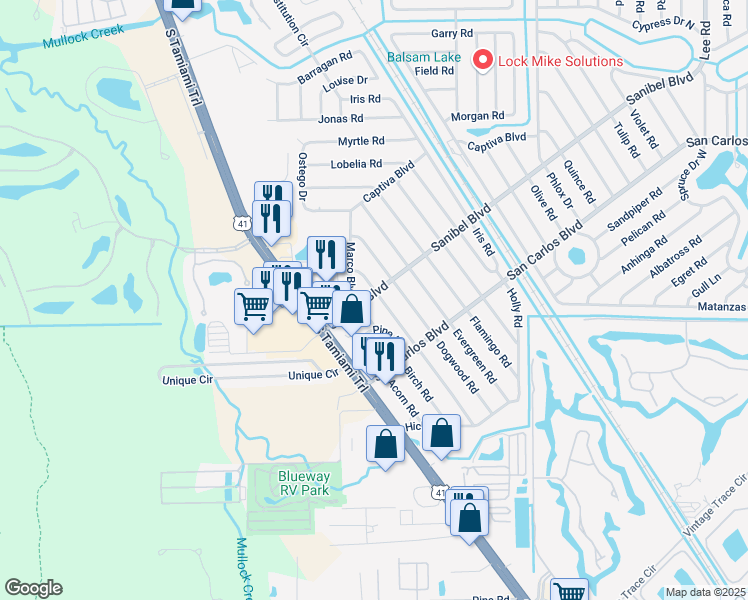 map of restaurants, bars, coffee shops, grocery stores, and more near 7344 Sanibel Boulevard in Fort Myers