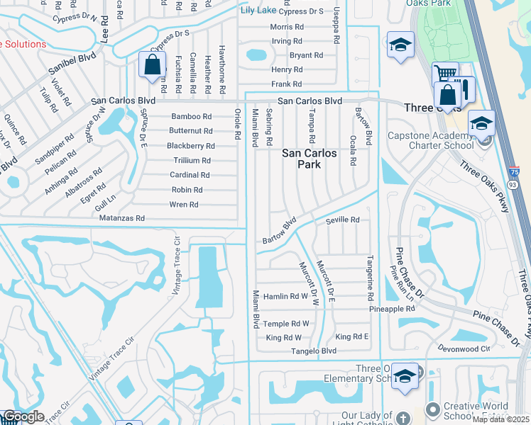 map of restaurants, bars, coffee shops, grocery stores, and more near 18680 Sebring Road in Fort Myers