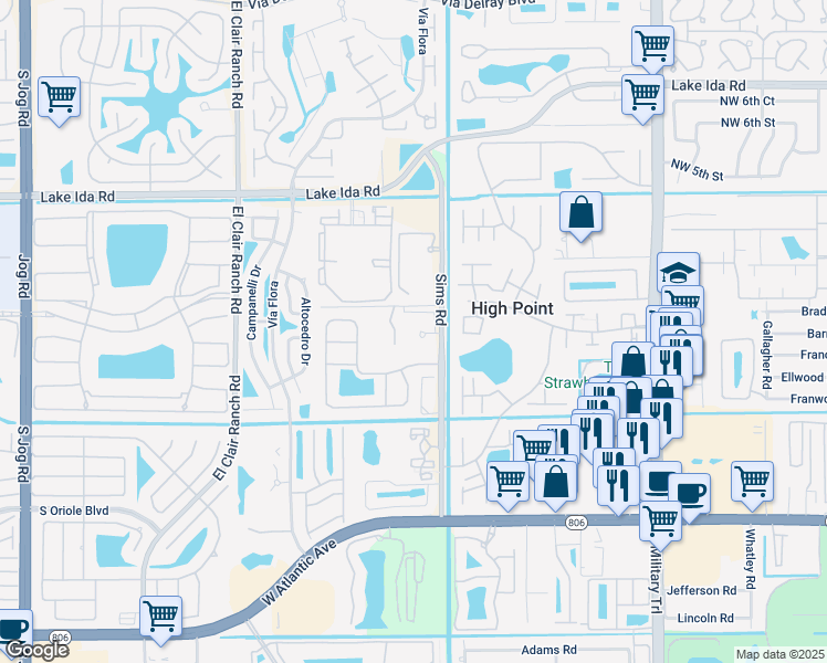 map of restaurants, bars, coffee shops, grocery stores, and more near 14535 Sims Road in Delray Beach
