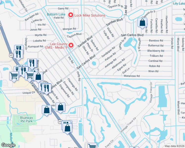 map of restaurants, bars, coffee shops, grocery stores, and more near 8017 Anhinga Road in Fort Myers