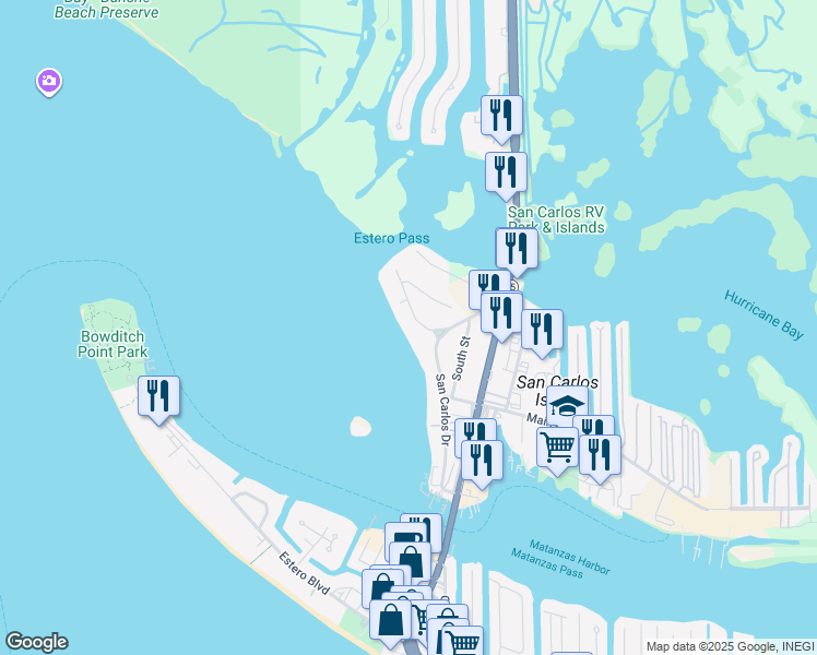 map of restaurants, bars, coffee shops, grocery stores, and more near 948 San Carlos Drive in Fort Myers Beach