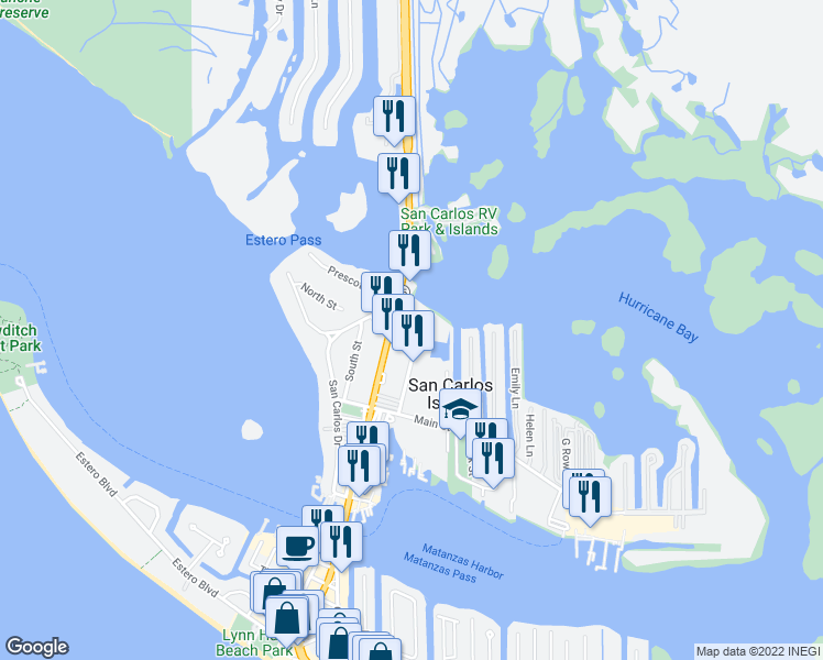 map of restaurants, bars, coffee shops, grocery stores, and more near 899 Buttonwood Drive in Fort Myers Beach