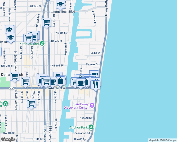 map of restaurants, bars, coffee shops, grocery stores, and more near 122 Andrews Avenue in Delray Beach