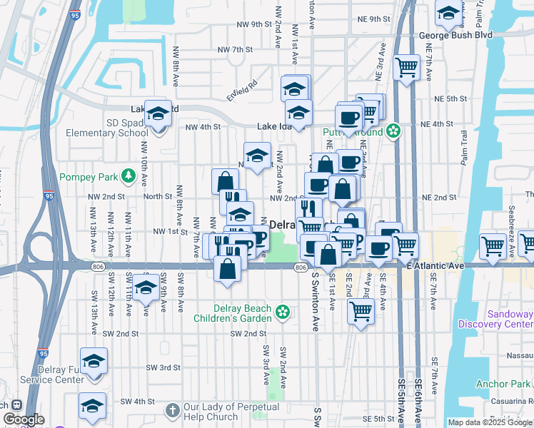 map of restaurants, bars, coffee shops, grocery stores, and more near 125 Northwest 3rd Avenue in Delray Beach