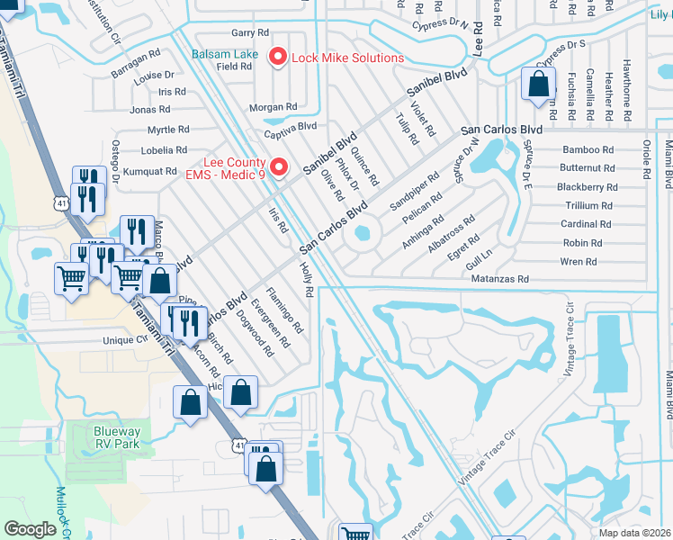 map of restaurants, bars, coffee shops, grocery stores, and more near 18804 Matanzas Road in Fort Myers