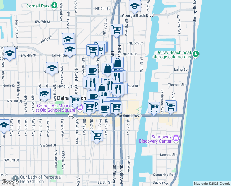 map of restaurants, bars, coffee shops, grocery stores, and more near 151 Northeast 5th Avenue in Delray Beach