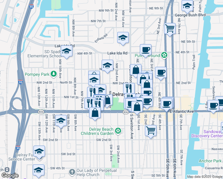map of restaurants, bars, coffee shops, grocery stores, and more near 125 Northwest 3rd Avenue in Delray Beach