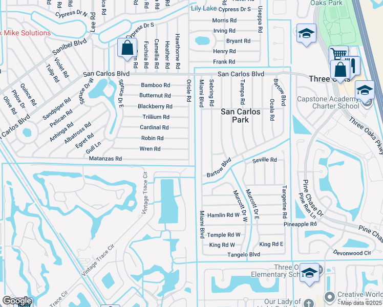 map of restaurants, bars, coffee shops, grocery stores, and more near 18677 Oriole Road in Fort Myers
