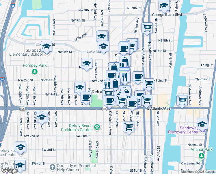 map of restaurants, bars, coffee shops, grocery stores, and more near 125 North Swinton Avenue in Delray Beach