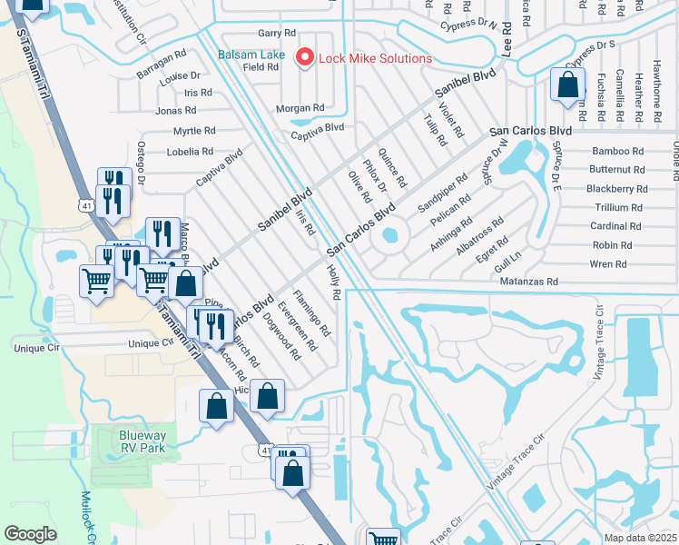 map of restaurants, bars, coffee shops, grocery stores, and more near 18639 Holly Road in Fort Myers