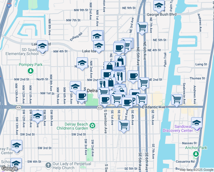 map of restaurants, bars, coffee shops, grocery stores, and more near 125 North Swinton Avenue in Delray Beach