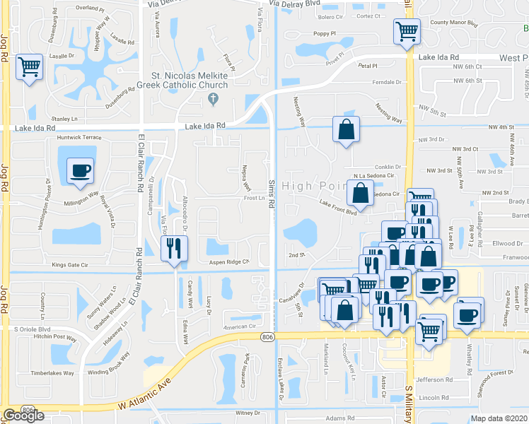 map of restaurants, bars, coffee shops, grocery stores, and more near 14535 Sims Road in Delray Beach