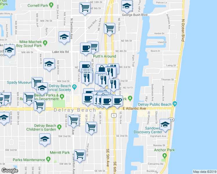 map of restaurants, bars, coffee shops, grocery stores, and more near 162 Northeast 5th Avenue in Delray Beach