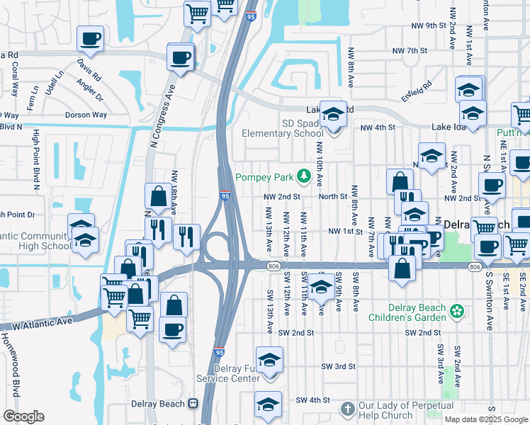 map of restaurants, bars, coffee shops, grocery stores, and more near 128 Northwest 13th Avenue in Delray Beach