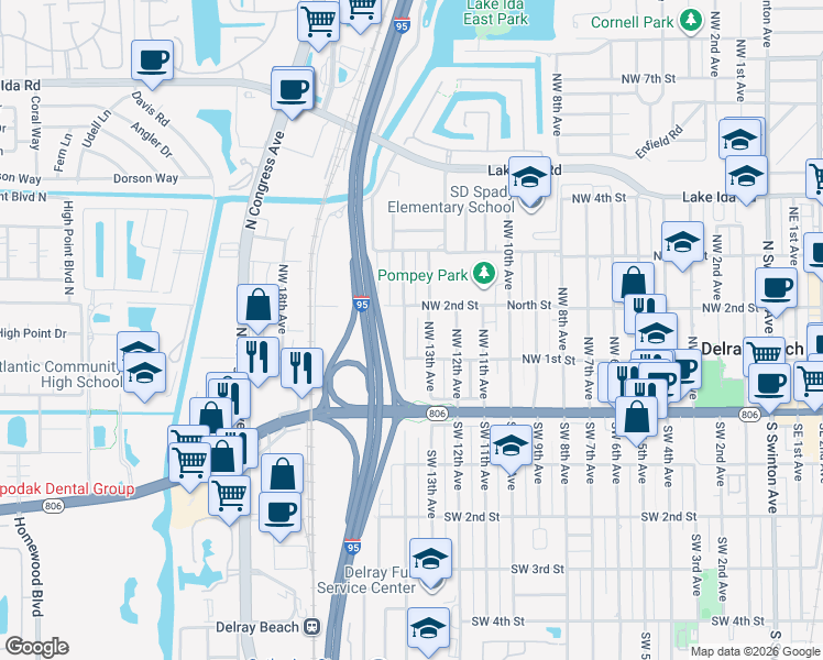 map of restaurants, bars, coffee shops, grocery stores, and more near 131 Northwest 14th Avenue in Delray Beach