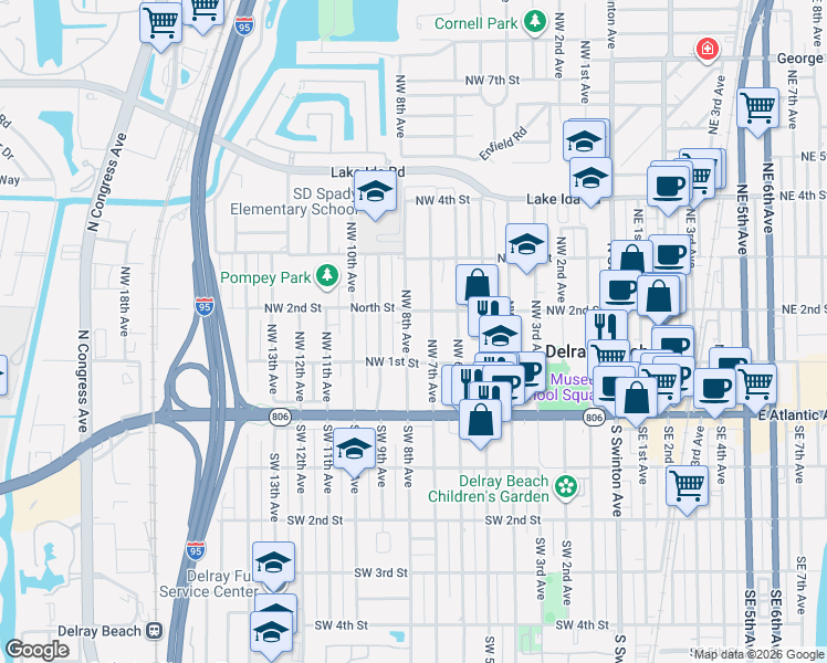 map of restaurants, bars, coffee shops, grocery stores, and more near 132 Northwest 7th Avenue in Delray Beach