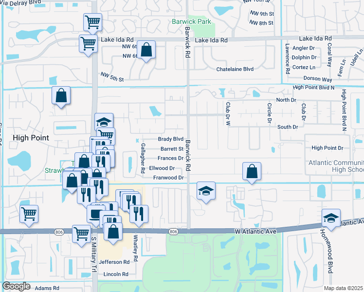 map of restaurants, bars, coffee shops, grocery stores, and more near 4535 Barrett Street in Delray Beach