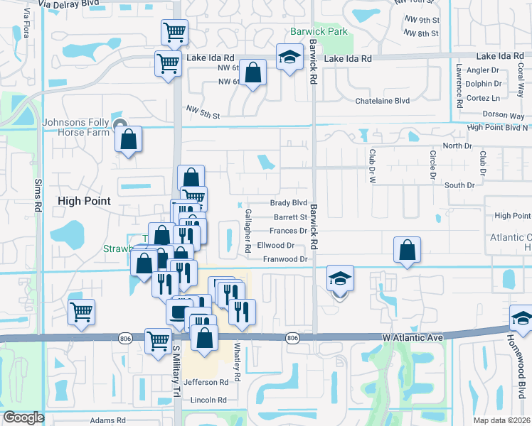map of restaurants, bars, coffee shops, grocery stores, and more near 4677 Barrett Street in Delray Beach