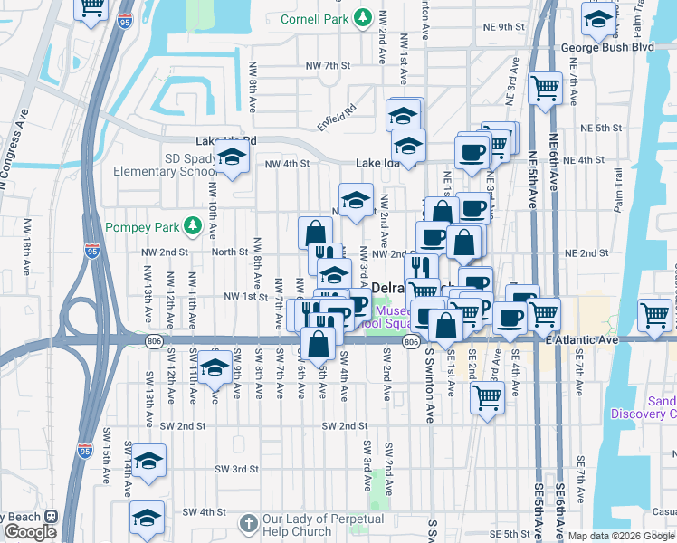 map of restaurants, bars, coffee shops, grocery stores, and more near 126 Northwest 4th Avenue in Delray Beach