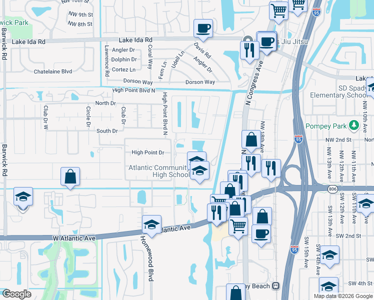 map of restaurants, bars, coffee shops, grocery stores, and more near 2483 Coral Trace Place in Delray Beach