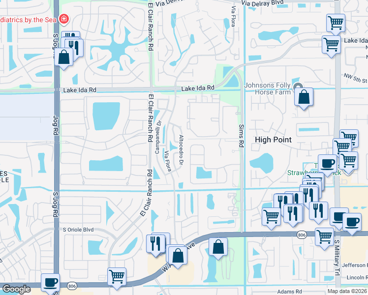 map of restaurants, bars, coffee shops, grocery stores, and more near 14284 Altocedro Drive in Delray Beach